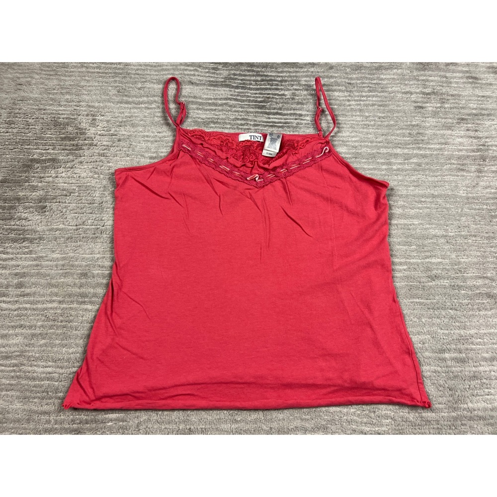 Tint Camisole Womens XL Red Lace Trim V-Neck Adjustable Straps 100% Cotton Basic